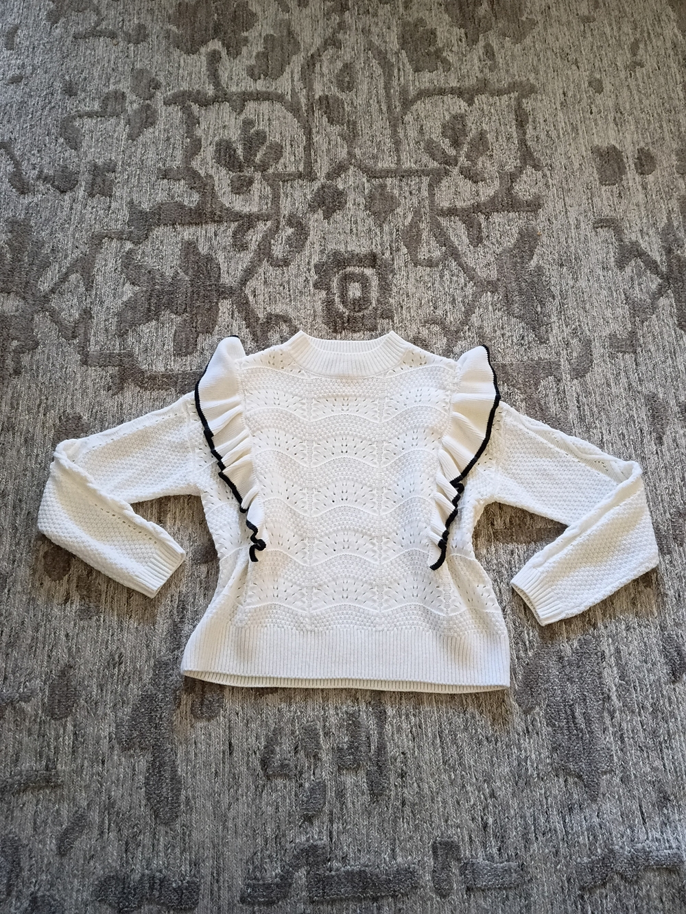 Marc New York Cream Knit Ruffle Sweater with Black Trim Feminine Heavenly